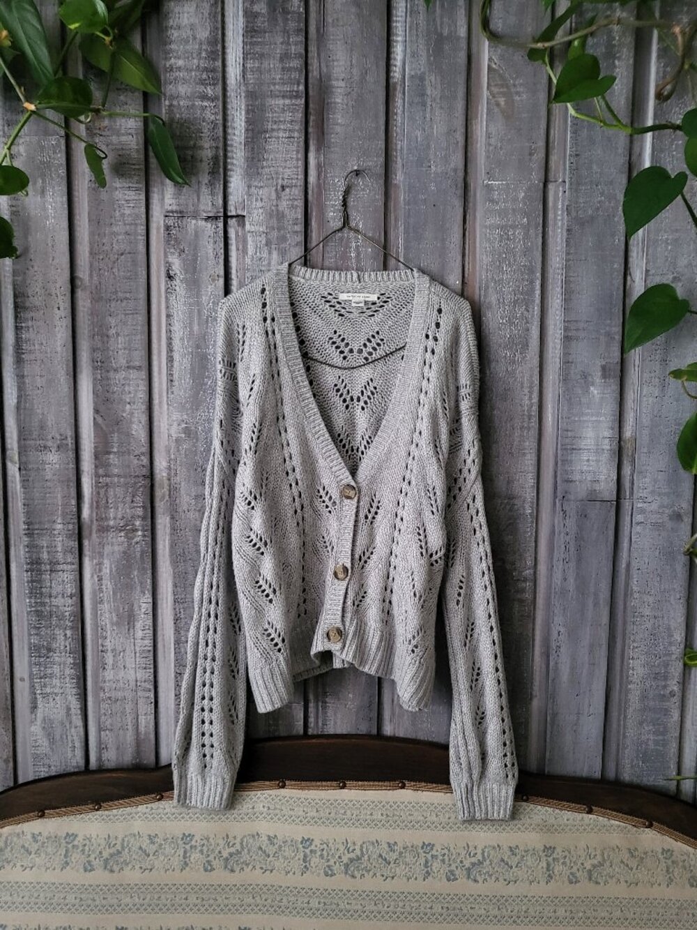 American Eagle Open Crochet Knit Cardigan Gray Button Up Sweater M Relaxed Fit